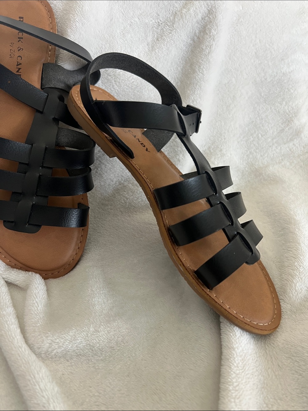 Size 7 Rock & Candy Black Strappy Gladiator Sandals with Ankle Buckle pleather